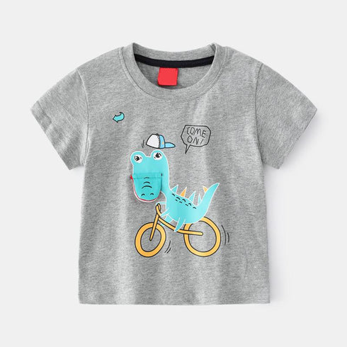 Summer Boys Bicycle Dinosaur Print Short Sleeve